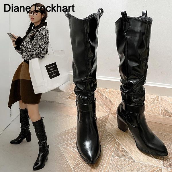 boots band designer faux leather women knee high pointed toe knight long chunky heel black white brown
boots band designer faux leather women knee high pointed toe knight long chunky heel black white brown