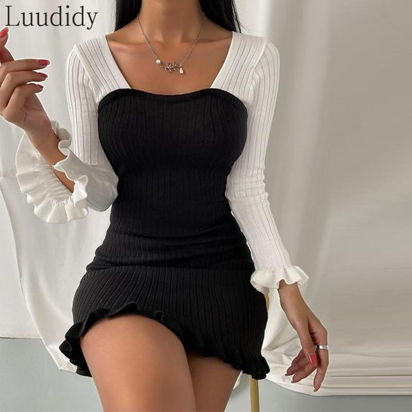 casual dresses women fashion elegant frill hem tied back knit bodycon dress long sleeve mini skinny patchwork, Black;gray
casual dresses women fashion elegant frill hem tied back knit bodycon dress long sleeve mini skinny patchwork, Black;gray