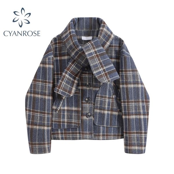 women woolen plaid coat with pockets long sleeve loose jacket scarf collar casual winter clothing thicken ladies outerwear 210515, Black;brown
women woolen plaid coat with pockets long sleeve loose jacket scarf collar casual winter clothing thicken ladies outerwear 210515, Black;brown