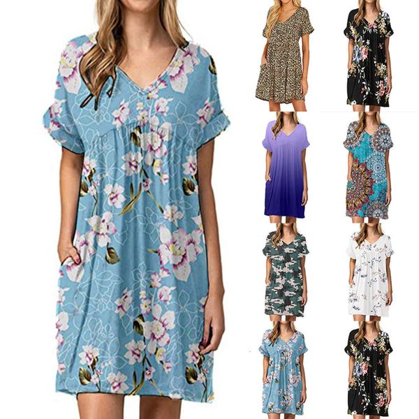 spring and summer women's printed v-neck short sleeve pocket loose dress, Black;gray
spring and summer women's printed v-neck short sleeve pocket loose dress, Black;gray