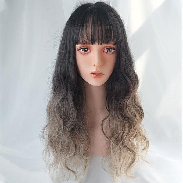 synthetic wigs lanlan long curly hair black brown to milk tea color wig with bangs for women heat-resistant fiber hair.
synthetic wigs lanlan long curly hair black brown to milk tea color wig with bangs for women heat-resistant fiber hair.