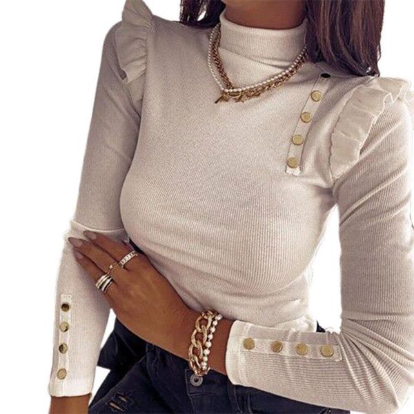 women's t-shirt casual women shirts high neck button decoration ruffle bottoming shirt lady elegant solid slim autumn winter, White
women's t-shirt casual women shirts high neck button decoration ruffle bottoming shirt lady elegant solid slim autumn winter, White