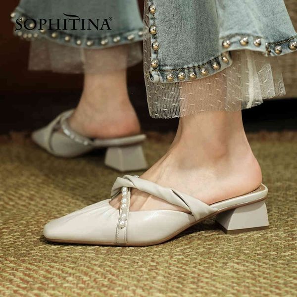 sophitina women slippers concise string bead comfort leather slippers square toe pleated beige summer casual lady shoes ao889 210513, Black 
sophitina women slippers concise string bead comfort leather slippers square toe pleated beige summer casual lady shoes ao889 210513, Black