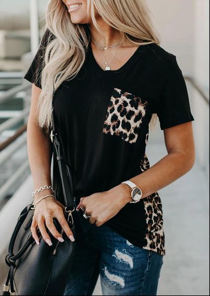 women v neck t shirt leopard pocket tee summer short sleeve fashion back loose female, White
women v neck t shirt leopard pocket tee summer short sleeve fashion back loose female, White