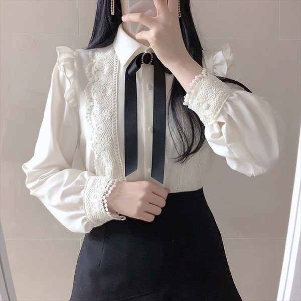 korean chic white elegant womens shirt long sleeve bow tie lace plus size ruffles shirts blusas mujer
korean chic white elegant womens shirt long sleeve bow tie lace plus size ruffles shirts blusas mujer