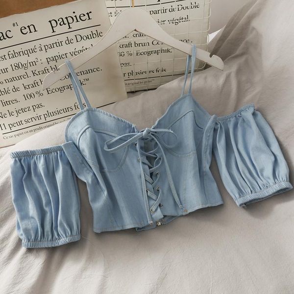 women's blouses & shirts blouse women off shoulder blue denim shirt bandage deep v-neck bow short sleeve high fashion crop, White
women's blouses & shirts blouse women off shoulder blue denim shirt bandage deep v-neck bow short sleeve high fashion crop, White
