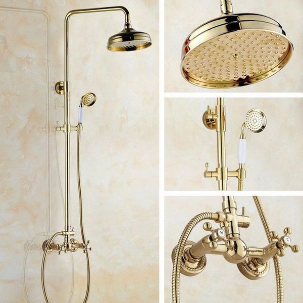 two cross handles 8'' bath rain shower system with the head & hand set faucet mixer tap gold color brass agf331 bathroom sets
two cross handles 8'' bath rain shower system with the head & hand set faucet mixer tap gold color brass agf331 bathroom sets
