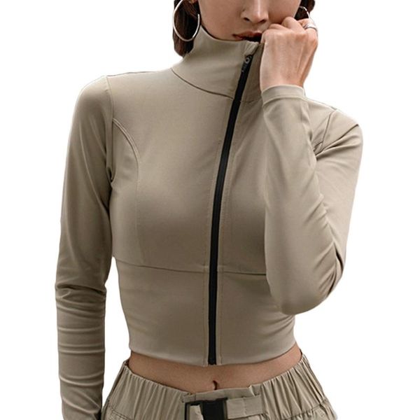 womens long sleeve full zip sport jacket turtleneck fitness slim crop coat women's jackets, Black;brown
womens long sleeve full zip sport jacket turtleneck fitness slim crop coat women's jackets, Black;brown