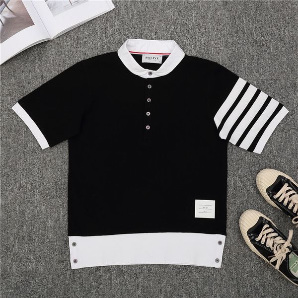 summer tb lapel polo shirt short sleeve t-shirt classic four bar stripe casual fashion men's and women's, White;black
summer tb lapel polo shirt short sleeve t-shirt classic four bar stripe casual fashion men's and women's, White;black
