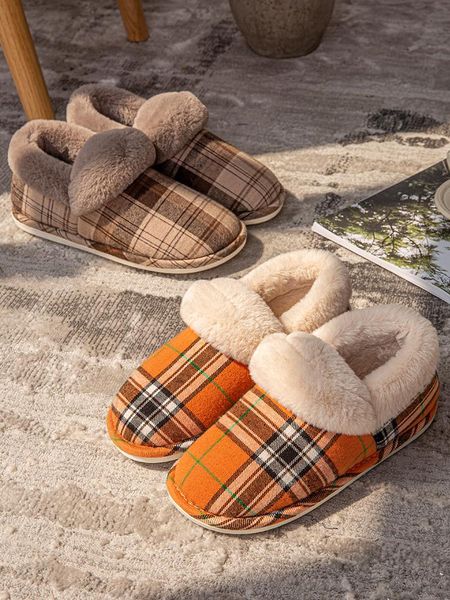 plaid cotton slipper bag with plush thickening warm couples for home indoor shoes non-slip in winter slippers, Black
