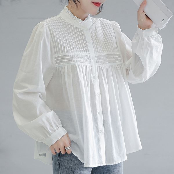 solid stand pleated pit striped white shirt female full autumn winter new loose cotton bottom women blouses 210421
solid stand pleated pit striped white shirt female full autumn winter new loose cotton bottom women blouses 210421