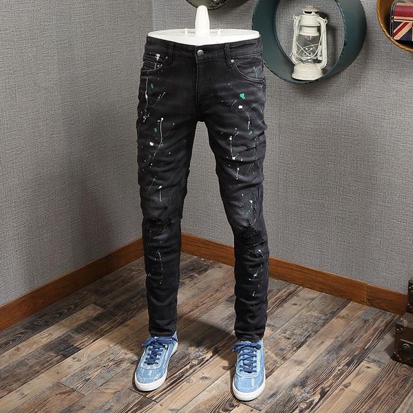 men's jeans streetwear fashion men elastic cotton slim fit ripped painted designer black denim punk pants hip hop homme, Blue
men's jeans streetwear fashion men elastic cotton slim fit ripped painted designer black denim punk pants hip hop homme, Blue