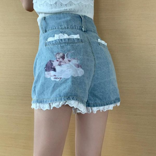 women's jeans summer thin section high-waisted angel print denim shorts women, Blue
women's jeans summer thin section high-waisted angel print denim shorts women, Blue