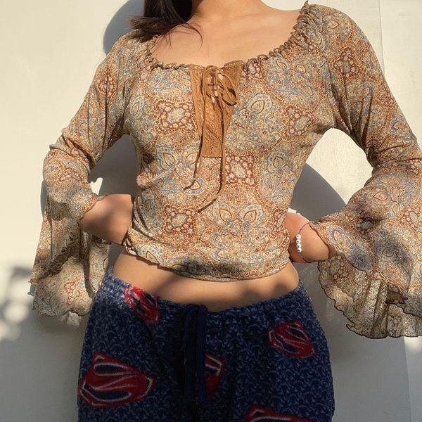 women's t-shirt y2k tube retro floral shirt long ruffle sleeve drawstring casual party street brown streetwear, White
women's t-shirt y2k tube retro floral shirt long ruffle sleeve drawstring casual party street brown streetwear, White