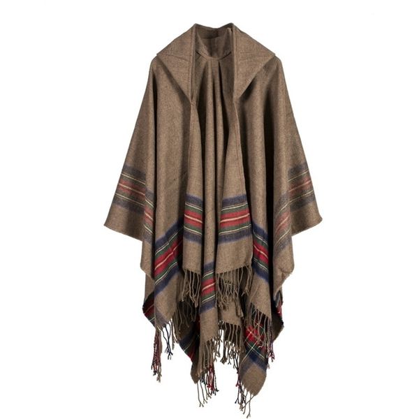 women's thickened color striped cashmere like jacquard cape can wear warm and long fashion hooded, Blue;black
women's thickened color striped cashmere like jacquard cape can wear warm and long fashion hooded, Blue;black