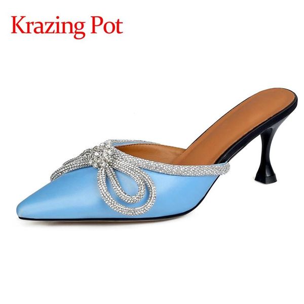 krazing pot pointed toe thin high heels shollow butterfly-knot bling dance party crystal korean girls slip on sandals women l71 dress shoes, Black