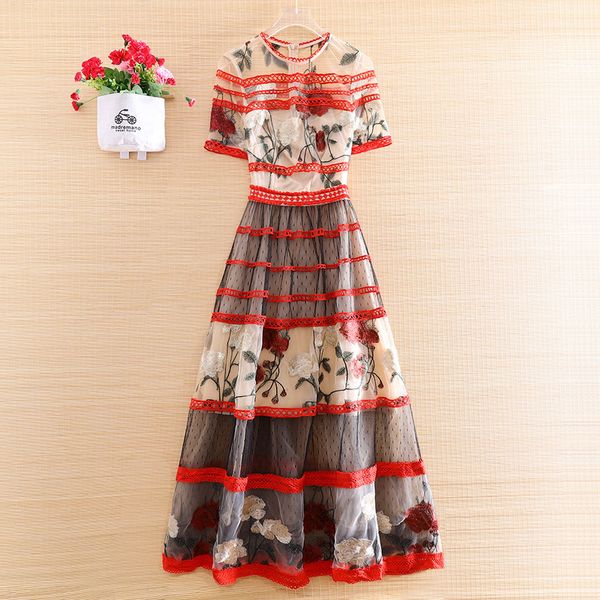 dress high-end summer o-neck women royal embroidery mesh stitching lace a-line retro elegant lady slim party dress s-xl, Black;gray
dress high-end summer o-neck women royal embroidery mesh stitching lace a-line retro elegant lady slim party dress s-xl, Black;gray