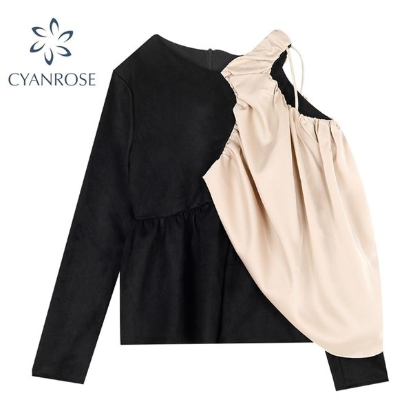 cropped patchwork vintage women's t shirt one-shoulder slim elegant tees streetwear long sleeve black pullover ol 210515, White
cropped patchwork vintage women's t shirt one-shoulder slim elegant tees streetwear long sleeve black pullover ol 210515, White