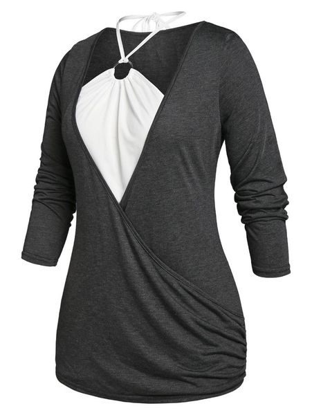 women's t-shirt plus size halter two tone surplice tee, White
women's t-shirt plus size halter two tone surplice tee, White