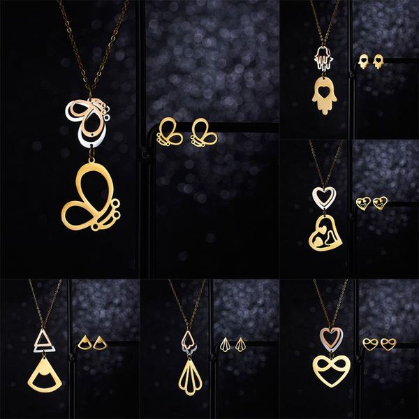 earrings & necklace stainless steel jewelry set unique tri-color hollow butterfly hand heart smile shell tri-angle, Silver
earrings & necklace stainless steel jewelry set unique tri-color hollow butterfly hand heart smile shell tri-angle, Silver