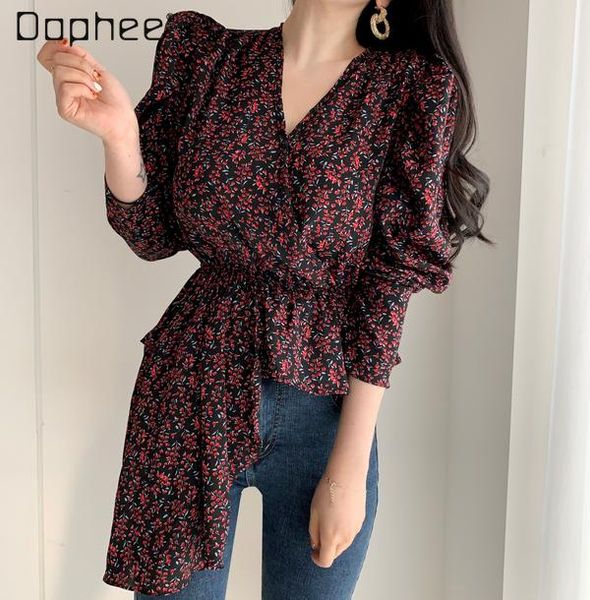 women's blouses & shirts 2021 spring korean ins floral v-neck puff sleeve asymmetric waist trimming shirt female blouse, White
women's blouses & shirts 2021 spring korean ins floral v-neck puff sleeve asymmetric waist trimming shirt female blouse, White