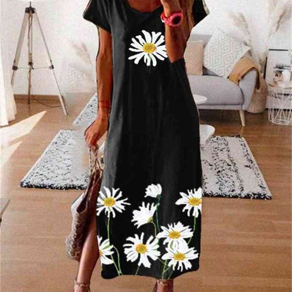 factory6t5s summer women's short sleeve loose size long skirt hem split daisy print dress style, White;black
factory6t5s summer women's short sleeve loose size long skirt hem split daisy print dress style, White;black