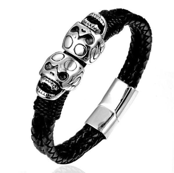 charm bracelets punk knitting double skull scalp bracelet titanium steel men's leather rope, Golden;silver
charm bracelets punk knitting double skull scalp bracelet titanium steel men's leather rope, Golden;silver