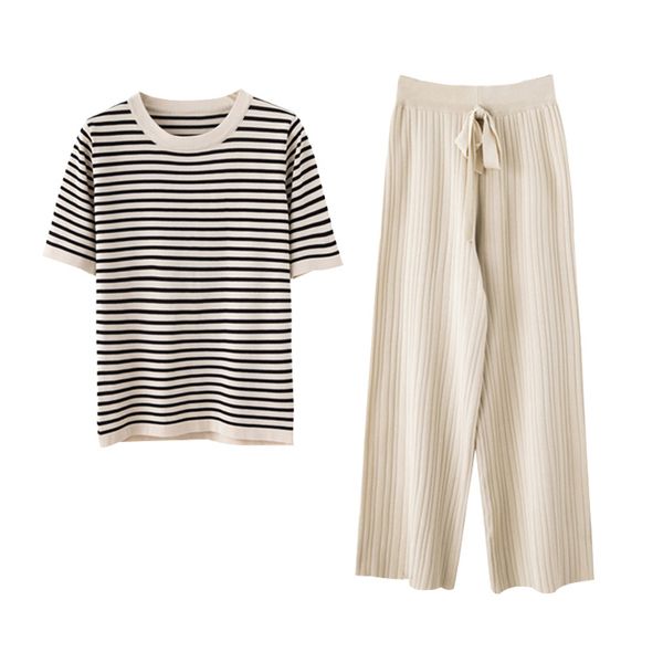 apricot black short sleeve striped wide leg lace-up bow solid pants full knitting two-piece set summer t0157 210514, White
apricot black short sleeve striped wide leg lace-up bow solid pants full knitting two-piece set summer t0157 210514, White