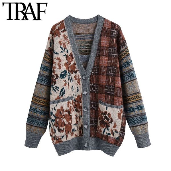 traf women fashion loose jacquard knitted cardigan sweater vintage long sleeve pockets female outerwear chic 210415, White;black 
traf women fashion loose jacquard knitted cardigan sweater vintage long sleeve pockets female outerwear chic 210415, White;black