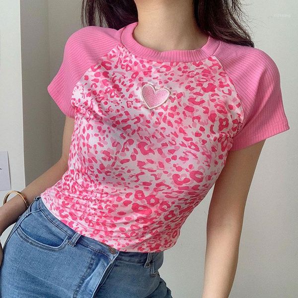 women's t-shirt women girl pink leopard embroidered short high-waist exposed navel slim top, White
women's t-shirt women girl pink leopard embroidered short high-waist exposed navel slim top, White