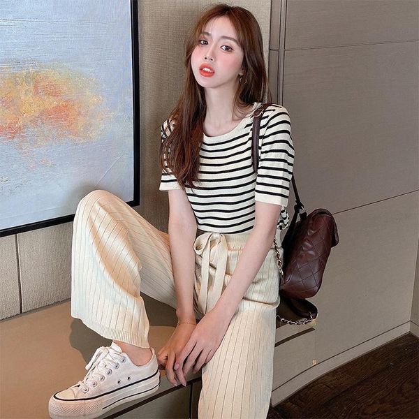 spring and summer knit two - piece suit women 's t-shirt short sleeve casual straight -leg wide-legged pants slim women's, White