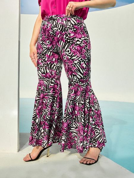plus botanical and animal mixed print flare hem pants 70su#, Black 
plus botanical and animal mixed print flare hem pants 70su#, Black