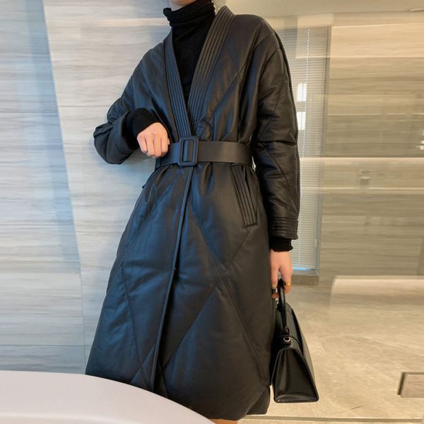 autumn and winter leather down cotton padded women's middle long coat waist jacket, Black
autumn and winter leather down cotton padded women's middle long coat waist jacket, Black