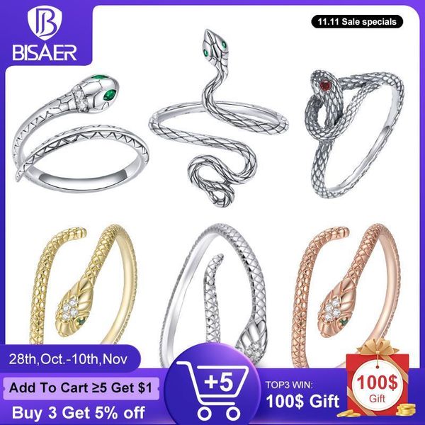 

cluster rings bisaer snake ring 100% 925 sterling silver clear zircon adjustable animal finger for women girl statement jewelry efr199, Golden;silver