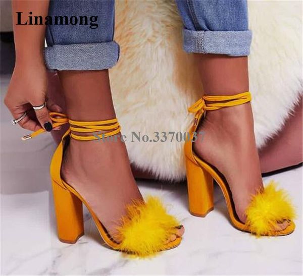 women elegant fashion suede leather open toe fur chunky heel sandals yellow red lace-up thick high dress heels shoe, Black
women elegant fashion suede leather open toe fur chunky heel sandals yellow red lace-up thick high dress heels shoe, Black
