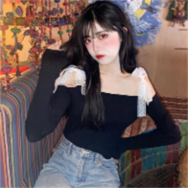 women's sweaters 2021 spring and autumn lace blouse adjustable one-shoulder all-match slim long-sleeved sweater h1050, White;black
women's sweaters 2021 spring and autumn lace blouse adjustable one-shoulder all-match slim long-sleeved sweater h1050, White;black