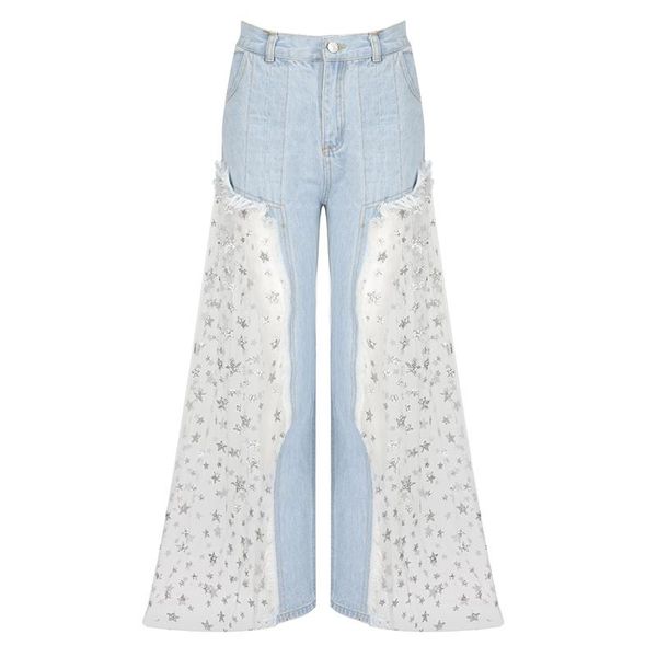 women lace star printed patchwork jeans ladies tulle splice high waist button pants see-through wide leg s-xl women's, Blue
women lace star printed patchwork jeans ladies tulle splice high waist button pants see-through wide leg s-xl women's, Blue