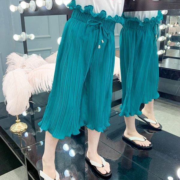 child girls summer pleated elastic waist short children casual ankle length wide leg pant kids loose solid pattern long trouser, Blue
child girls summer pleated elastic waist short children casual ankle length wide leg pant kids loose solid pattern long trouser, Blue
