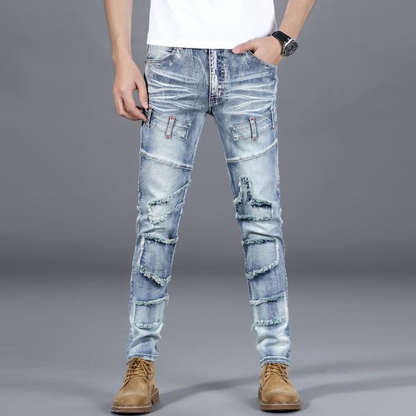 men ripped distressed jeans men's fashion slim fit washed motorcycle denim pants panelled hip hop trousers, Blue
men ripped distressed jeans men's fashion slim fit washed motorcycle denim pants panelled hip hop trousers, Blue
