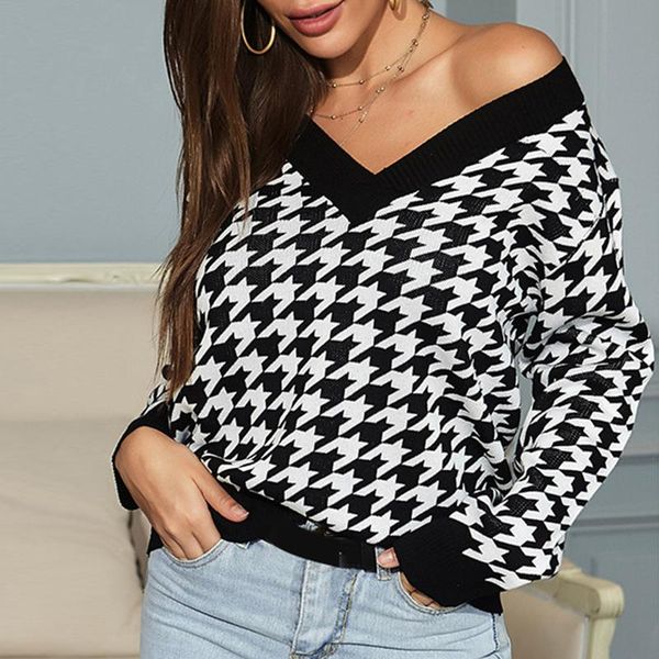 women's sweaters fashion plaid sweater v-neck casual long sleeve knitted slim pullover autumn winter houndstooth versatile sweaar, White;black
women's sweaters fashion plaid sweater v-neck casual long sleeve knitted slim pullover autumn winter houndstooth versatile sweaar, White;black