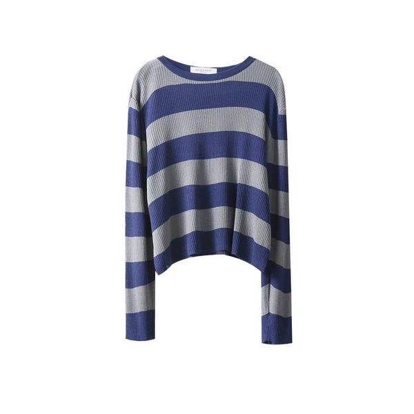 women's round neck pullover sweater with coarse stripes 2021 spring and autumn loose casual simple thin sweaters, White;black