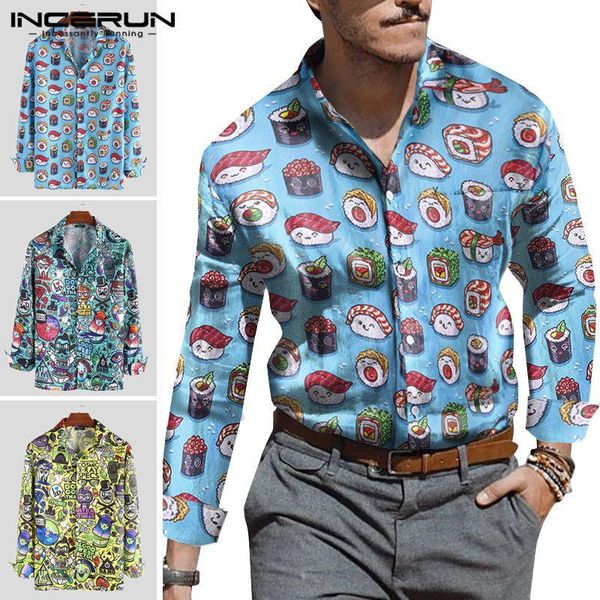 men's casual shirts incerun men chic cartoon printed lapel long sleeve baggy outdoor henley shirt single breasted breathable mens blous, White;black