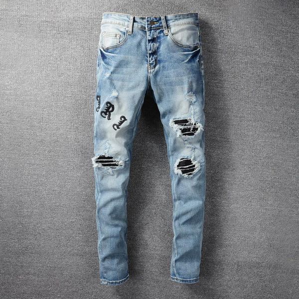 men's jeans american street style fashion men retro light blue patches designer elastic slim ripped hip hop denim punk pants
men's jeans american street style fashion men retro light blue patches designer elastic slim ripped hip hop denim punk pants