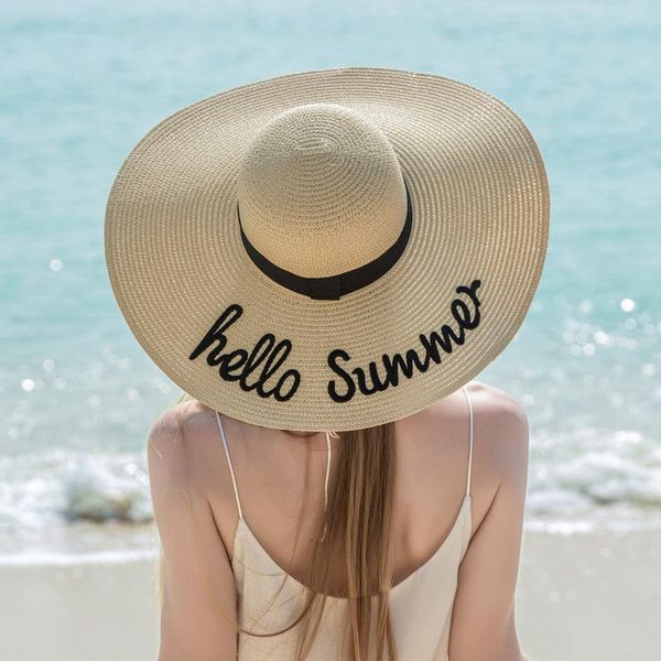wide brim hats hello summer women's beach sun hat straw womens packable cap travel chapeu feminino, Blue;gray
wide brim hats hello summer women's beach sun hat straw womens packable cap travel chapeu feminino, Blue;gray