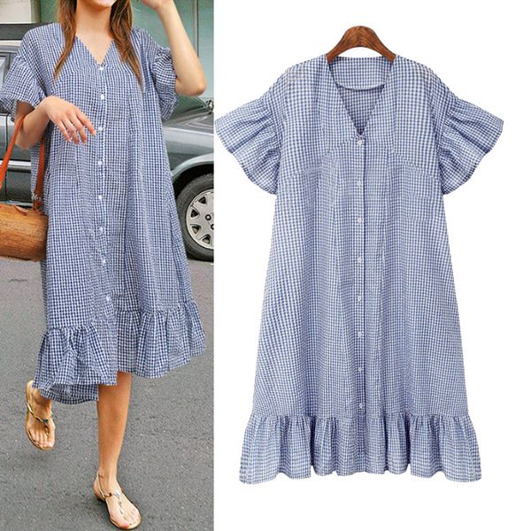dresses large size summer new loose plaid casual single breasted short sleeve dress medium length skirt, Black;gray
dresses large size summer new loose plaid casual single breasted short sleeve dress medium length skirt, Black;gray