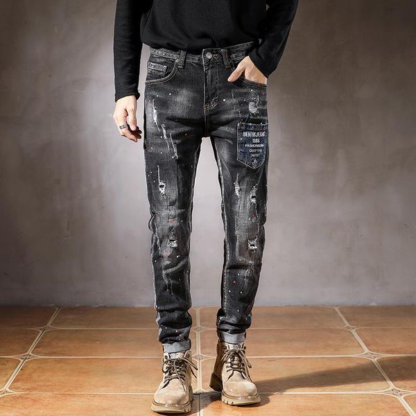 men's jeans ripped men pants hip hop distressed painting patch pocket letters black grey slim fit stretch motocycle man denim trousers, Blue
men's jeans ripped men pants hip hop distressed painting patch pocket letters black grey slim fit stretch motocycle man denim trousers, Blue