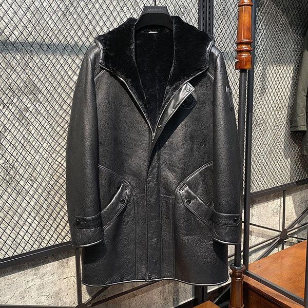 men's leather & faux original sheepskin wool integrated hooded genuine fur coat 2021 thicken warm sheep shearling jacket, Black
men's leather & faux original sheepskin wool integrated hooded genuine fur coat 2021 thicken warm sheep shearling jacket, Black