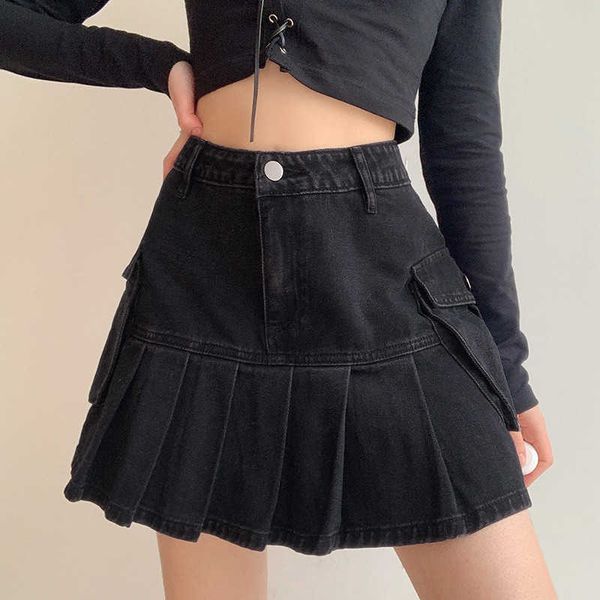 vintage pleated jeans skirt dark academia fashion goth black high waist skirt 90s korean pockets 210601
vintage pleated jeans skirt dark academia fashion goth black high waist skirt 90s korean pockets 210601