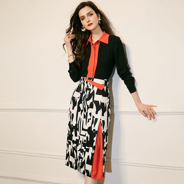 spring fashion runway two female garments block print blouse and skirt suit office lady twinset party, Black
spring fashion runway two female garments block print blouse and skirt suit office lady twinset party, Black