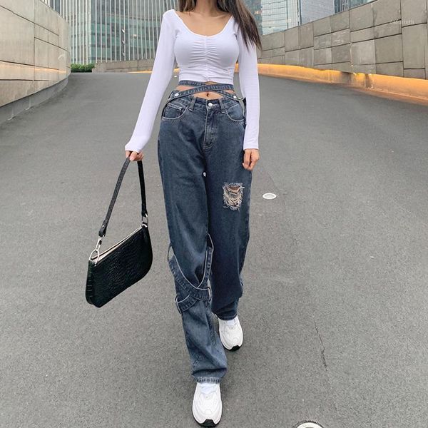 women jeans cross belt bandage street fashion ripped hole full length denim pants 2021 girl straight trousers women's, Blue
women jeans cross belt bandage street fashion ripped hole full length denim pants 2021 girl straight trousers women's, Blue